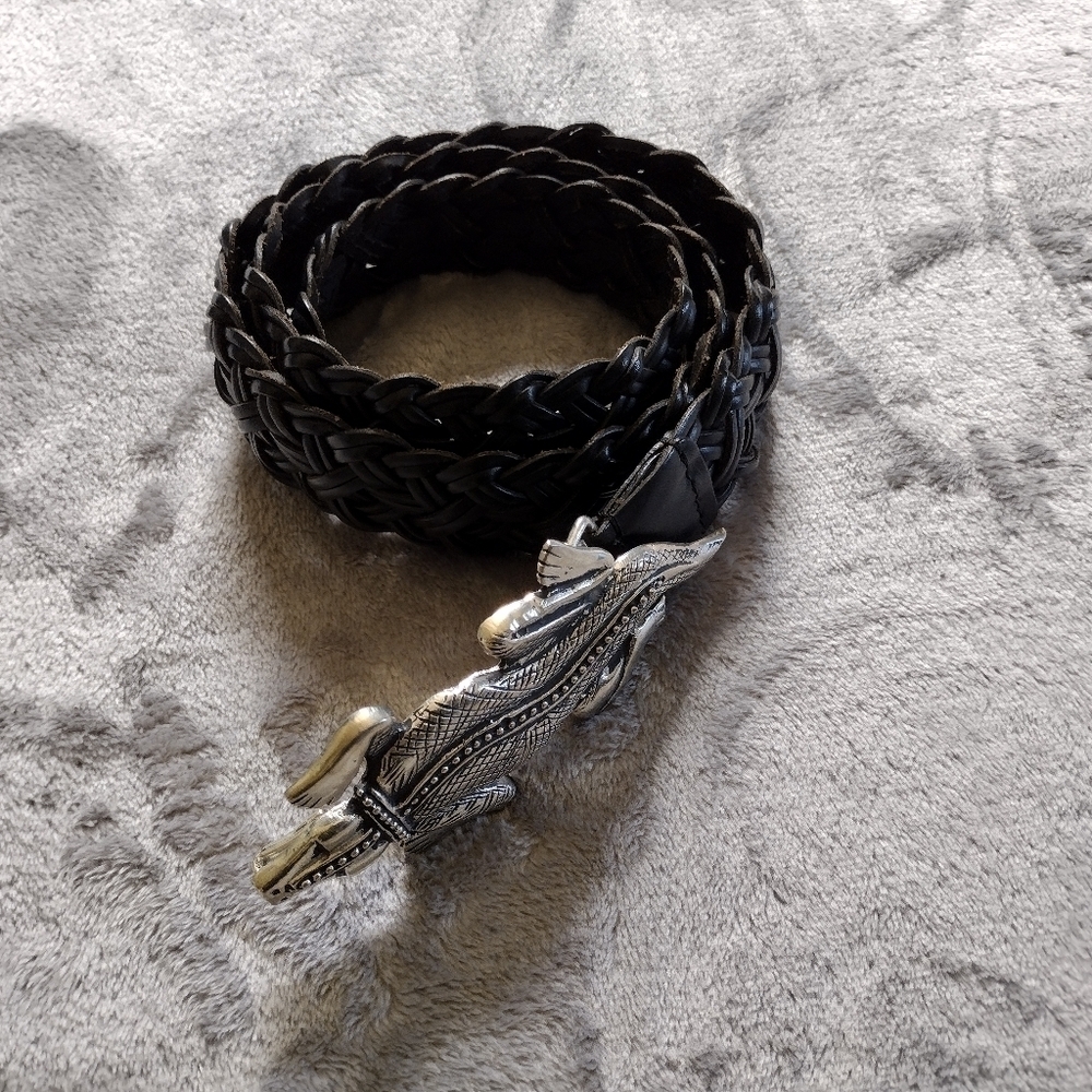 Vtg Chico's Belt Women's M / L Black Braided Woven Silver Crocodile Buckle Y2K